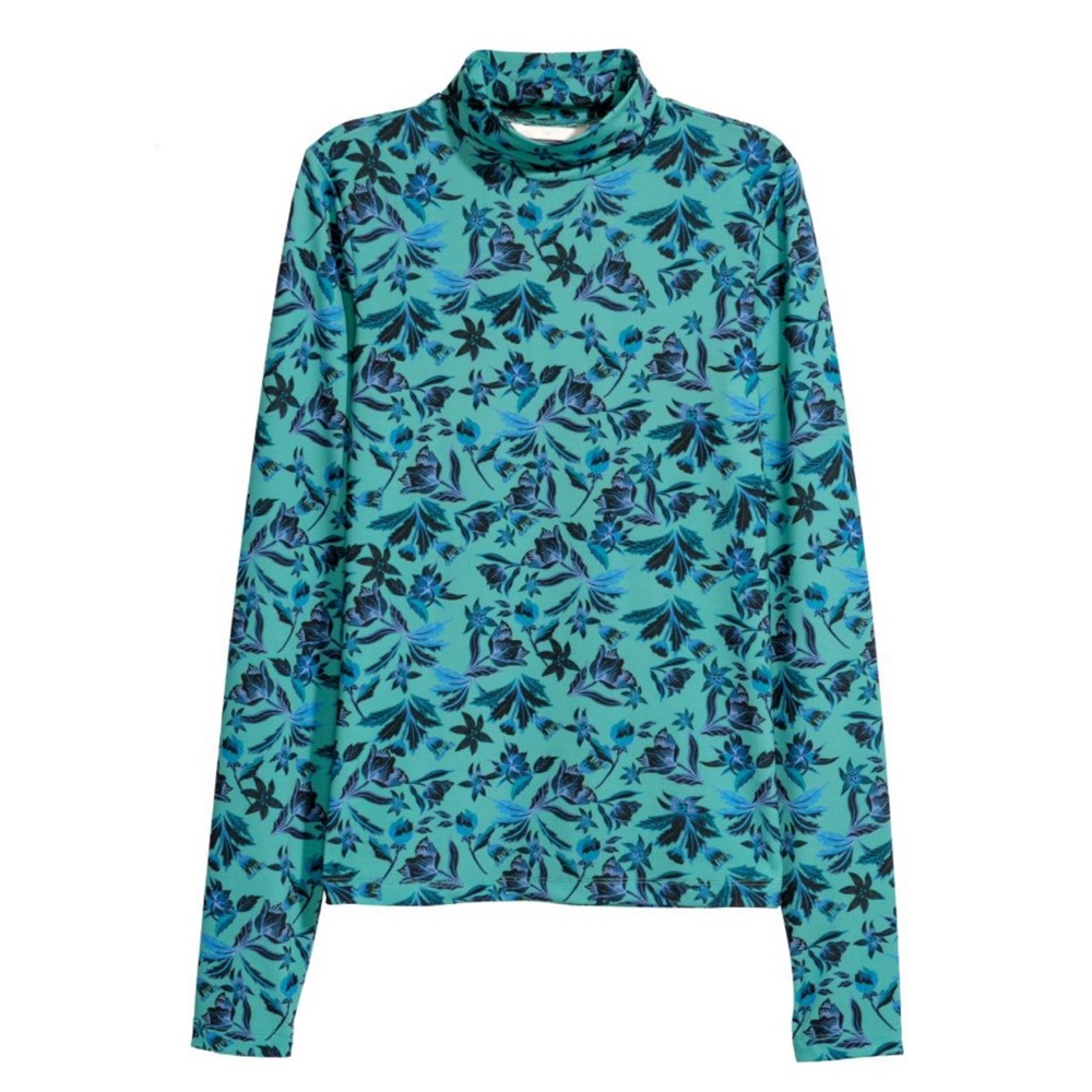 H&M floral print patterned polo-neck blue green top long sleeve Size 6 womens
